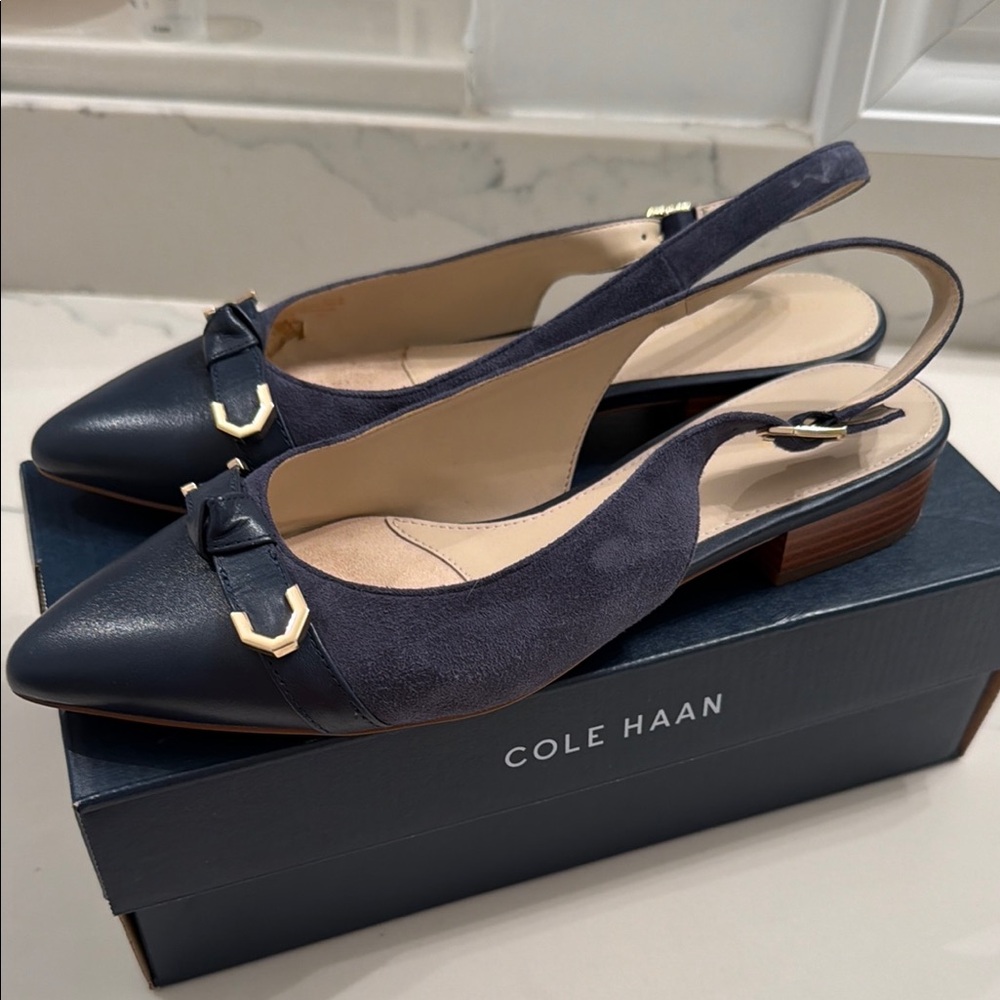 Cole Haan Navy Leather & Suede Slingback Pointed Toe Flats 8.5